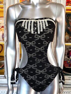 Vintage Betsey Johnson Monokini Bikini Black Bows Tuxedo Lace 1 Piece Swimsuit L
